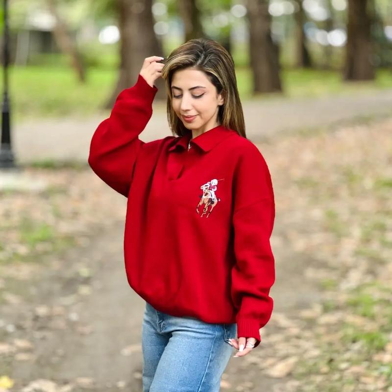 پلیور بافت یقه پولو زنانه طرح گلدوزی Polo