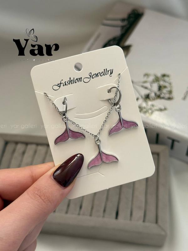 گردنبند دم وال صورتی و گوشواره
