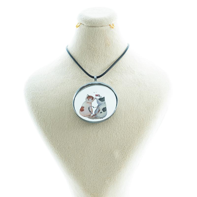 گردنبند آینه ای طرح گربه دوتایی سلفی