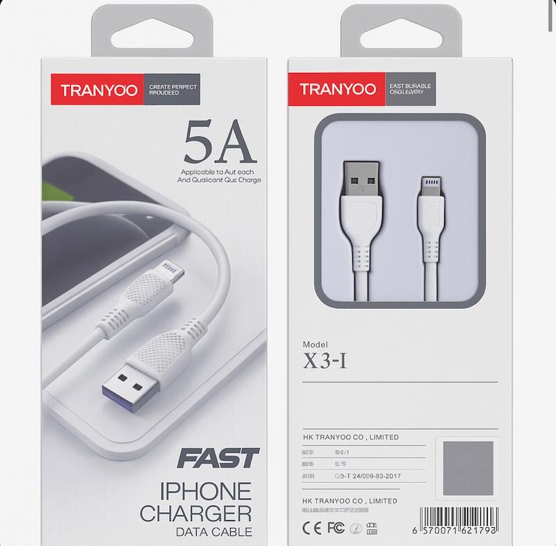 کابل USB TO LIGHTNING TRANYOO مدل X3 فست شارژر