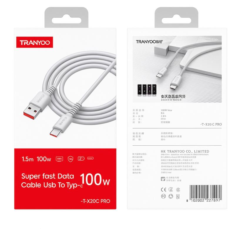 کابل شارژر یو اس بی به تایپ سی با توان ۱۰۰ واتی /USB TO TYPE-C TRANYOO مدل T-X20C PRO