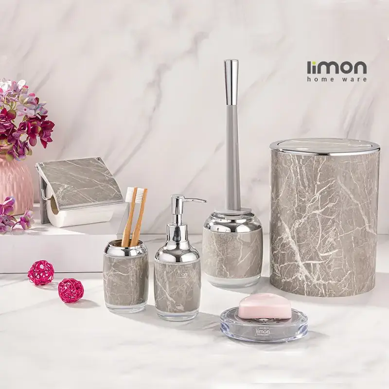 فرچه و سطل سرویس بهداشتی طرح سنگ رومانتیک لیمون با درب بادبزنی و آبکاری کروم