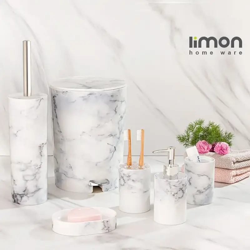 ست سرویس بهداشتی لیمون ماربل ۶ پارچه رنگ سفید، اکسسوری لوکس جهیزیه عروس