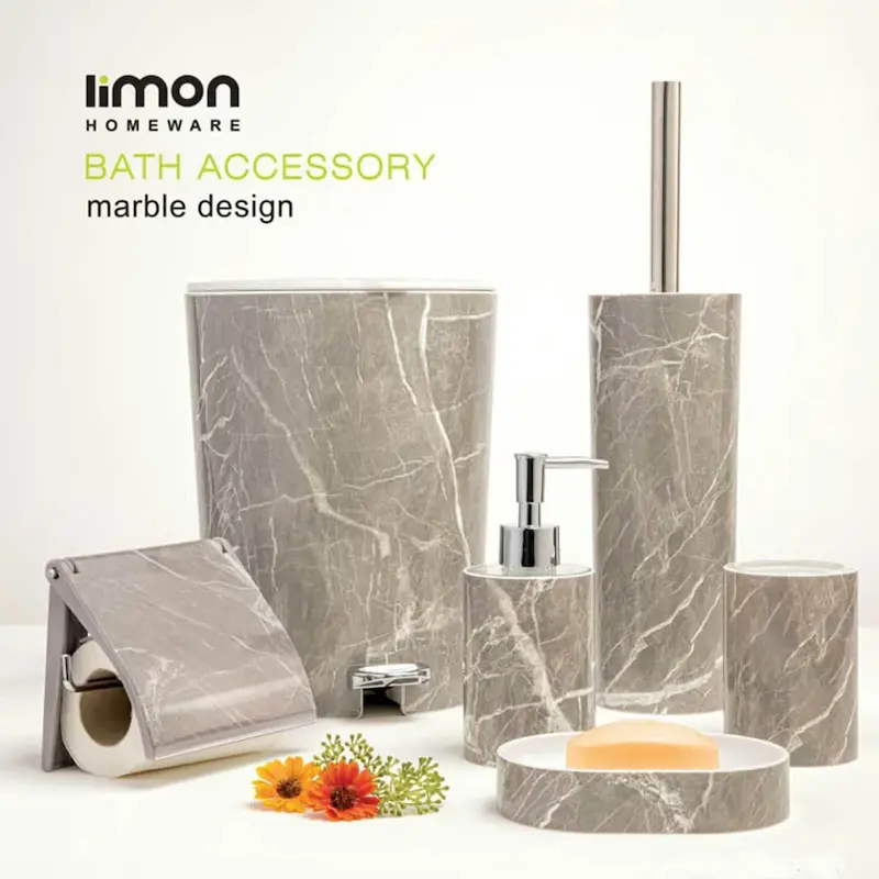 ست سرویس بهداشتی ۶ تکه لیمون طرح مرمر طوسی، سطل آرام‌بند و فرچه