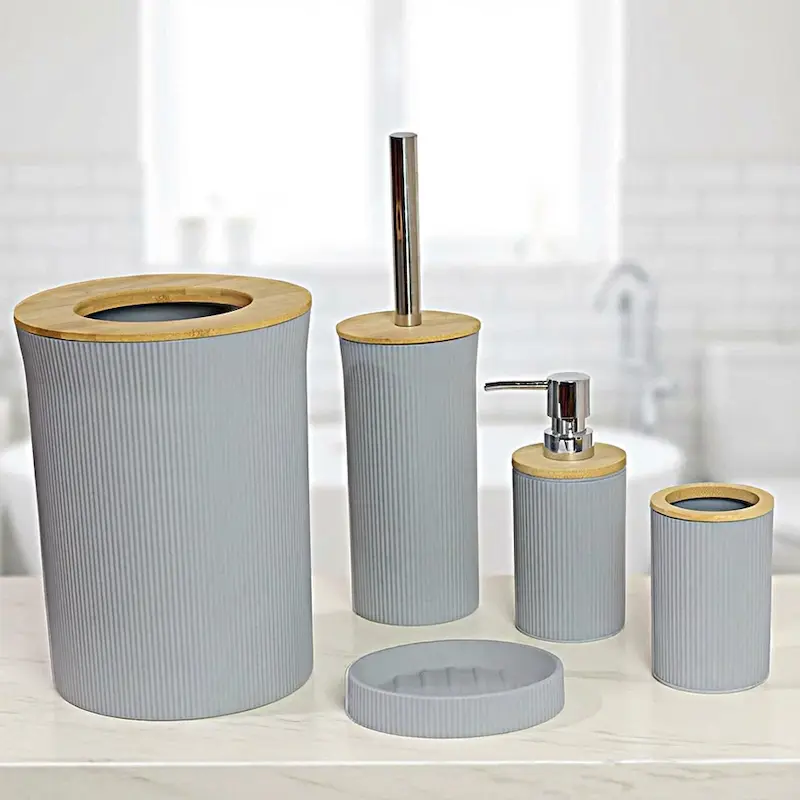 ست کامل سرویس بهداشتی لیمون با درب بامبو کد 2392 در رنگ طوسی