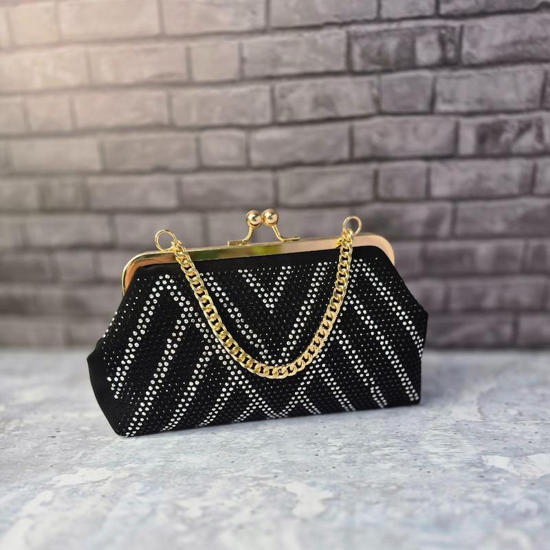 کیف مجلسی دستی مشکی نگین دار