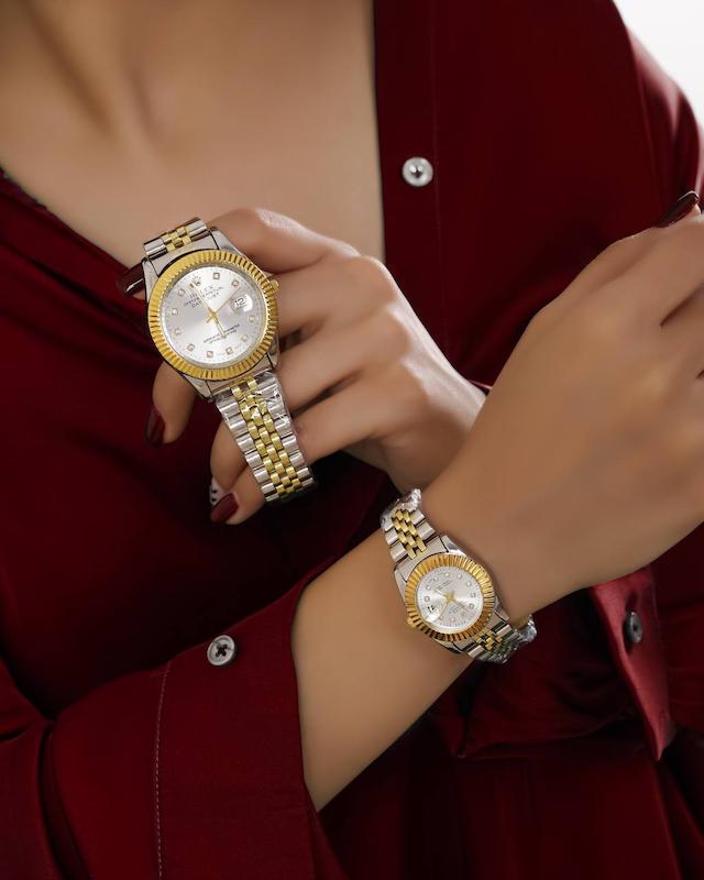 ساعت ست بندفلزی مچی عقربه ای جفتی رولکس ROLEX طلایی نقره ای نگین دار تک موتور تاریخ دار