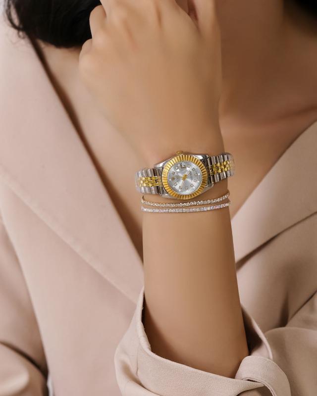 ساعت ست بندفلزی مچی عقربه ای جفتی رولکس ROLEX طلایی نقره ای نگین دار تک موتور تاریخ دار