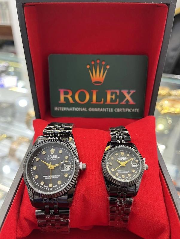 ساعت ست بندفلزی مچی عقربه ای جفتی رولکس ROLEX طلایی نقره ای نگین دار تک موتور تاریخ دار
