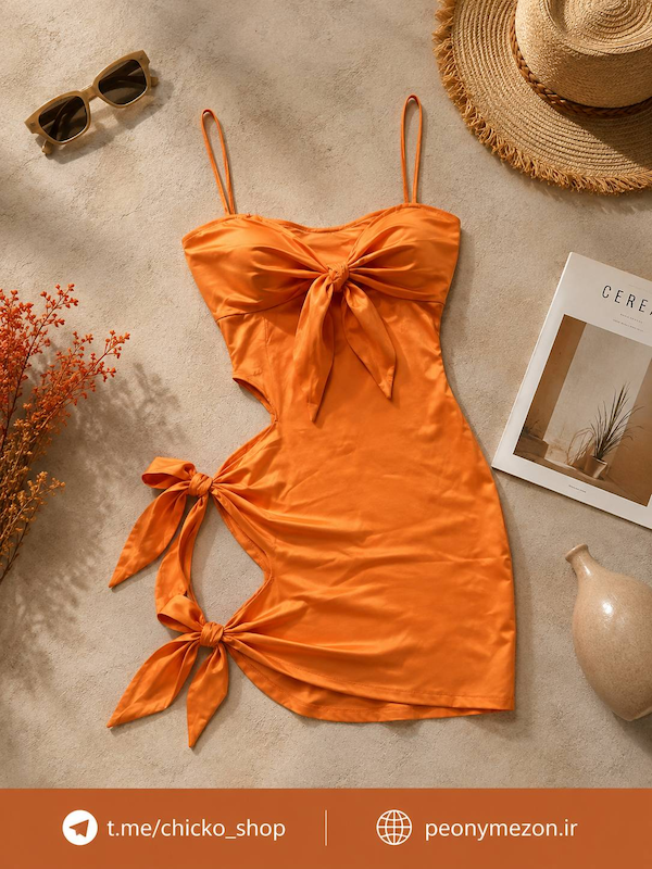 پیراهن نارنجی ساتن بقل گره ای 
