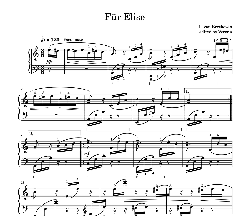 Für Elise Original (wider layout with fingering and pedal)