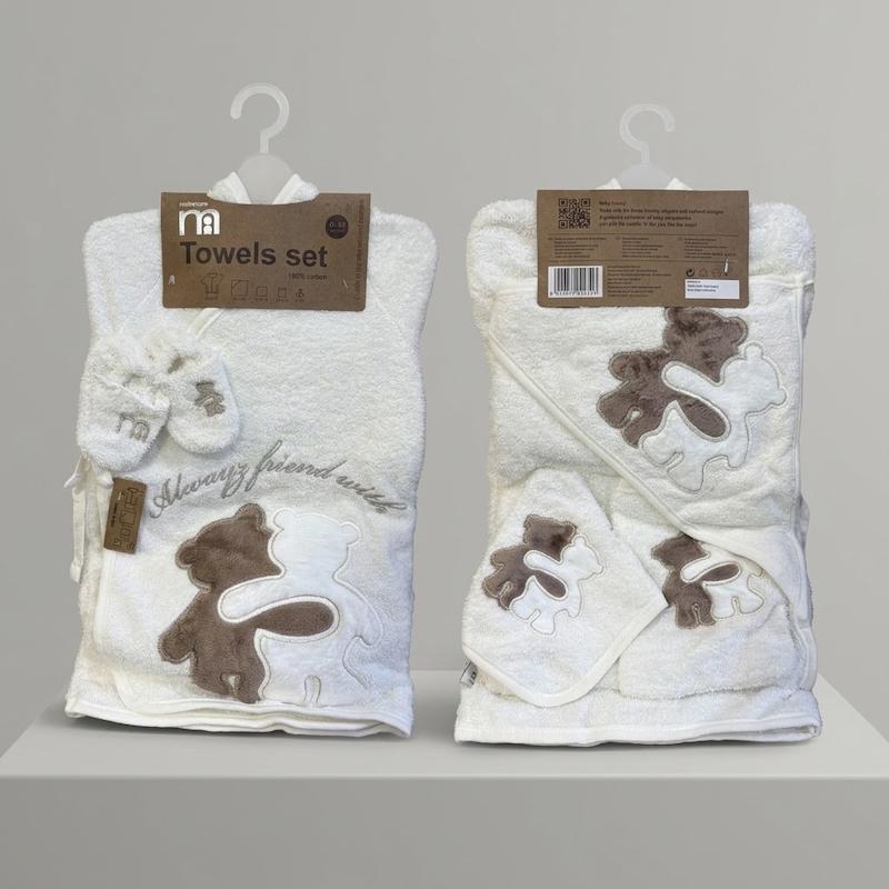 ست حوله ۵ تکه نوزادی مادرکر (Mothercare) مدل کیمونو طرح خرس سفید و قهوه ای | کانگومام
