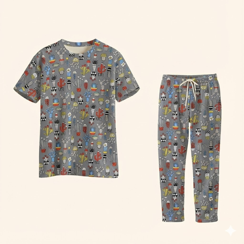 ست تی شرت و شلوار راحتی زنانه جنس گیاهی طرح کاکتوس