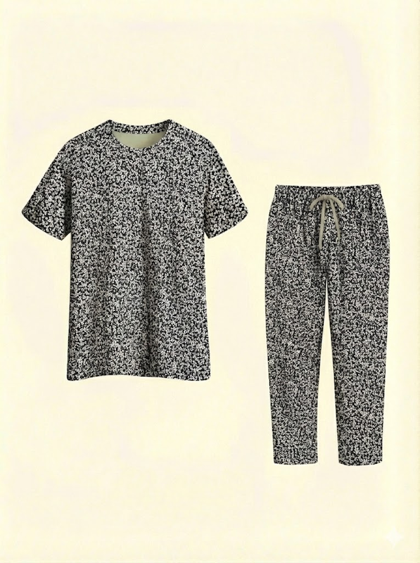 ست تی شرت و شلوار راحتی زنانه جنس گیاهی طرح گل سیاه سفید