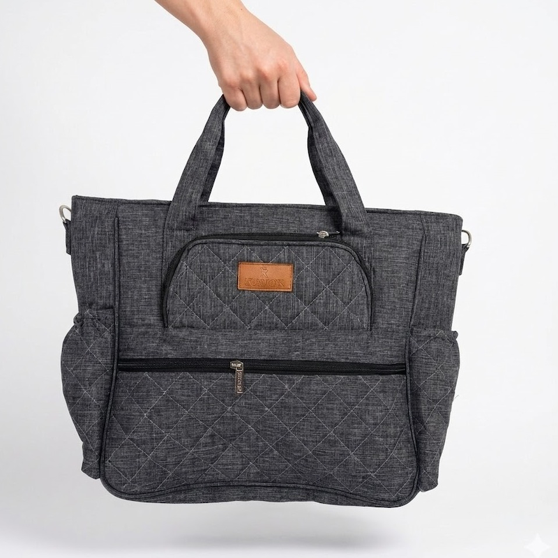 کیف دوشی و دستی لوازم نوزاد طوسی (دوخت لوزی) | پارچه جودون، جادار و شیک | کانگومام