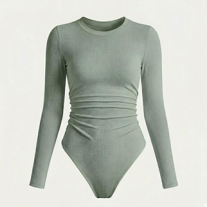 بادی آستین بلند زنانه کبریتی مدل بیسیک یقه گرد, رنگ سبز ماچا