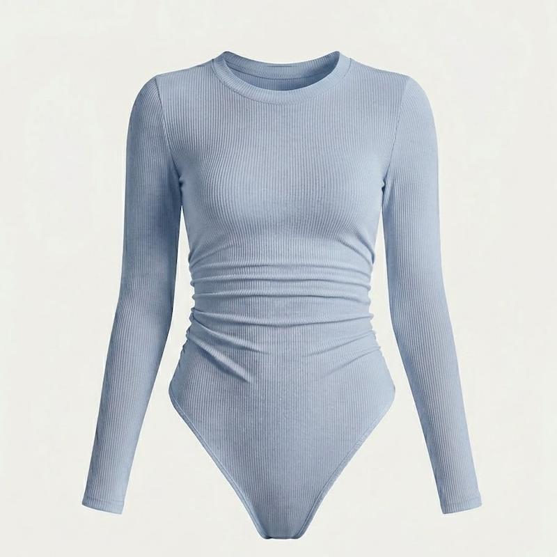 بادی آستین بلند زنانه کبریتی مدل بیسیک یقه گرد, رنگ آبی پاستلی