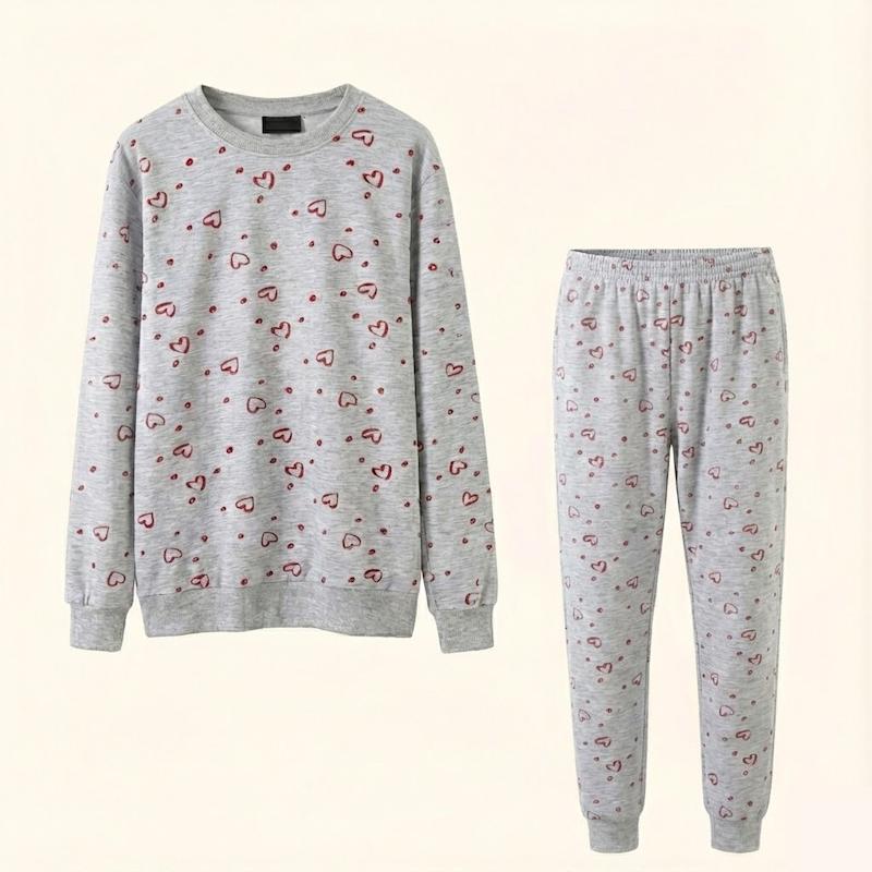 ست بلوز و شلوار راحتی زنانه نخی طرح قلب قرمز | دمپا کش و فری سایز | کانگومام