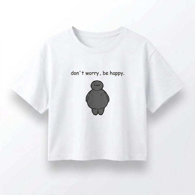 تیشرت زنانه آستین کوتاه رنگ سفید طرح فانتزی (Don’t Worry Be Happy) | پارچه نخی خنک | کانگومام