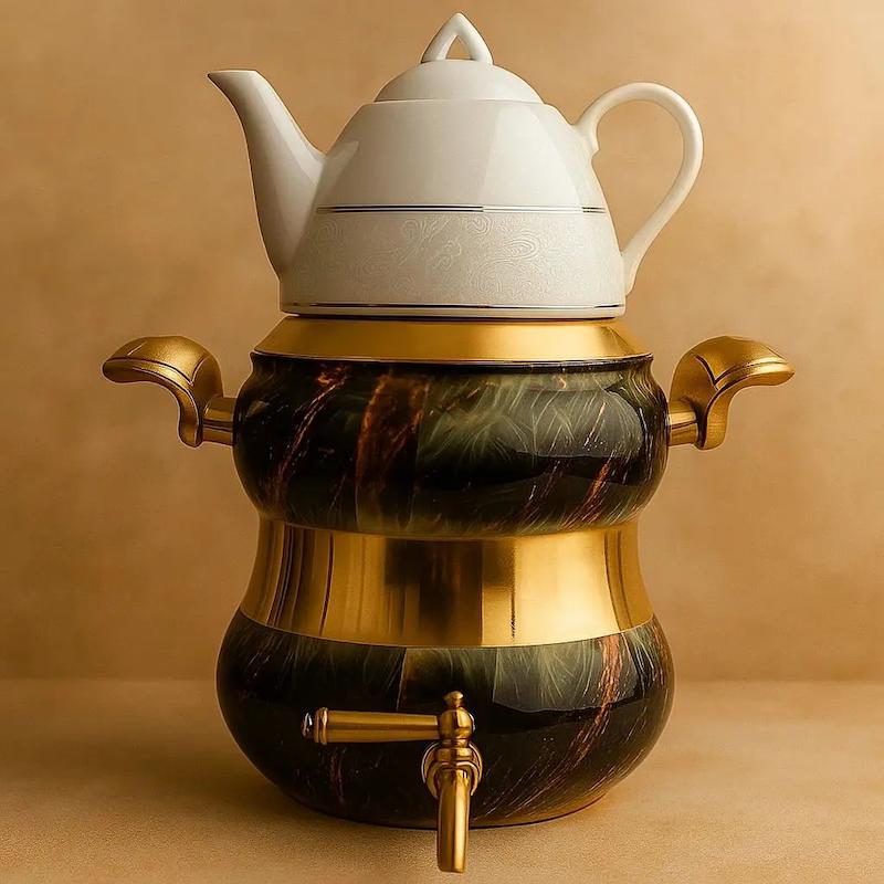 کتری استیل وقوری چینی باگمربندطلایی برند ریور