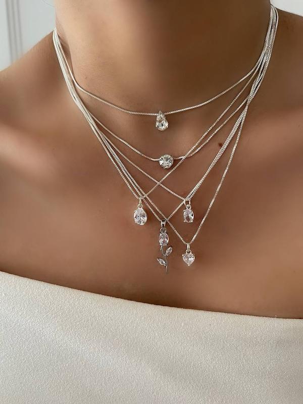 گردنبندای تک نگین با زنجیر(آبکاری نقره)