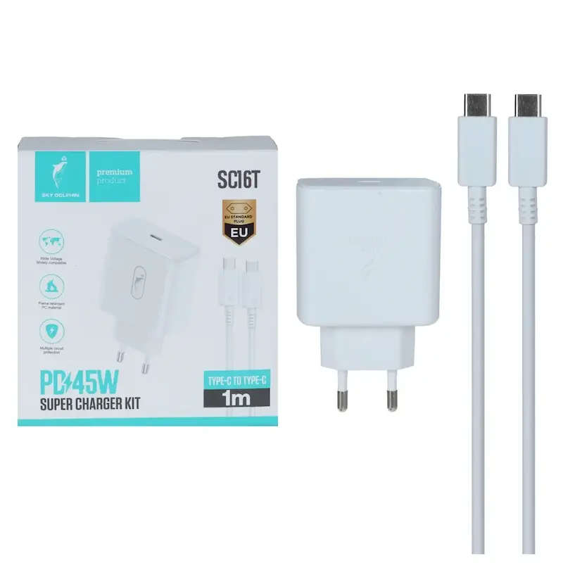 شارژر دیواری PD و فست تک پورت Sky Dolphin مدل SC16T 45W به همراه کابل شارژ Type-C To Type-C- سفید - TCO