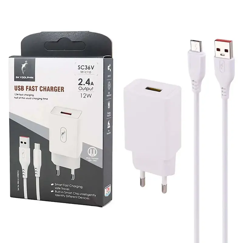 شارژر دیواری فست تک پورت Sky Dolphin مدل SC36V 12W به همراه کابل شارژ اندروید - سفید - TCO