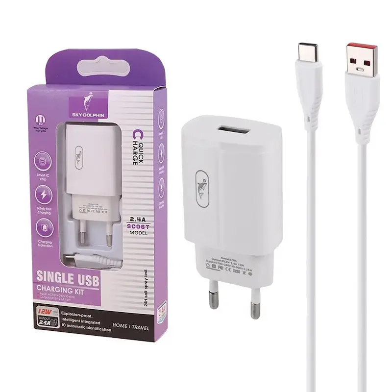 شارژر دیواری فست تک پورت Sky Dolphin مدل SC06T 12W به همراه کابل شارژ Type-C - سفید - TCO