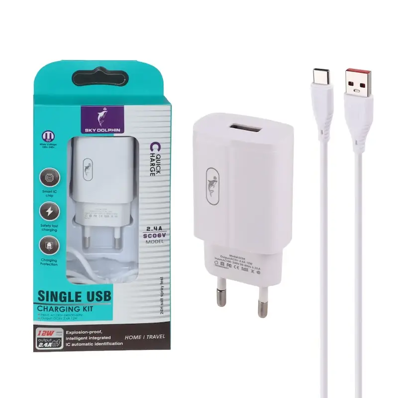 شارژر دیواری فست تک پورت Sky Dolphin مدل SC06V 12W به همراه کابل شارژ اندروید - سفید - TCO
