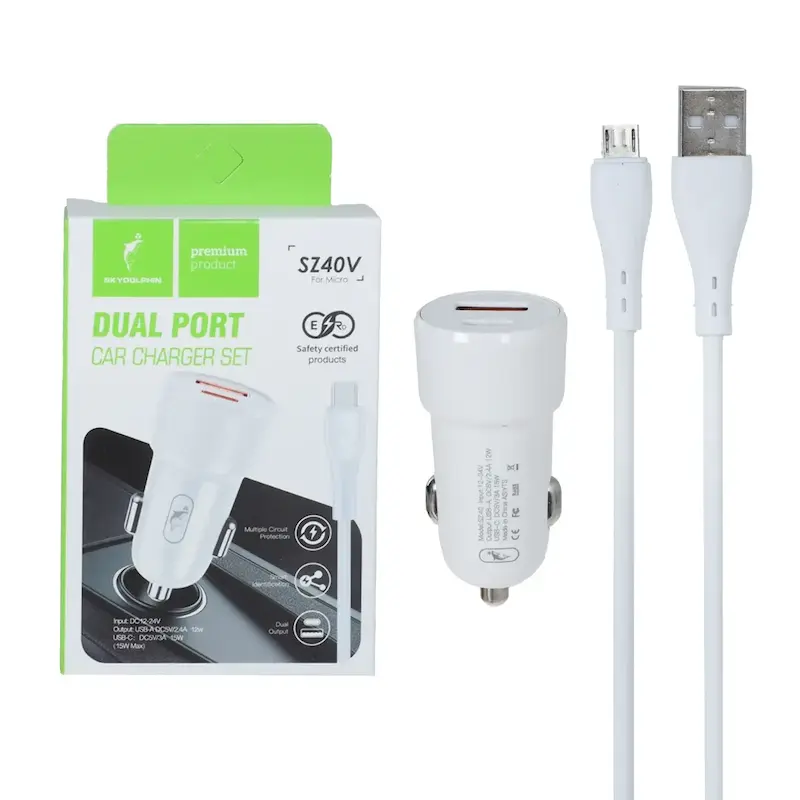 شارژر فندکی PD و فست دو پورت Sky Dophin مدل SZ40V 15W به همراه کابل شارژ اندروید - سفید - TCO