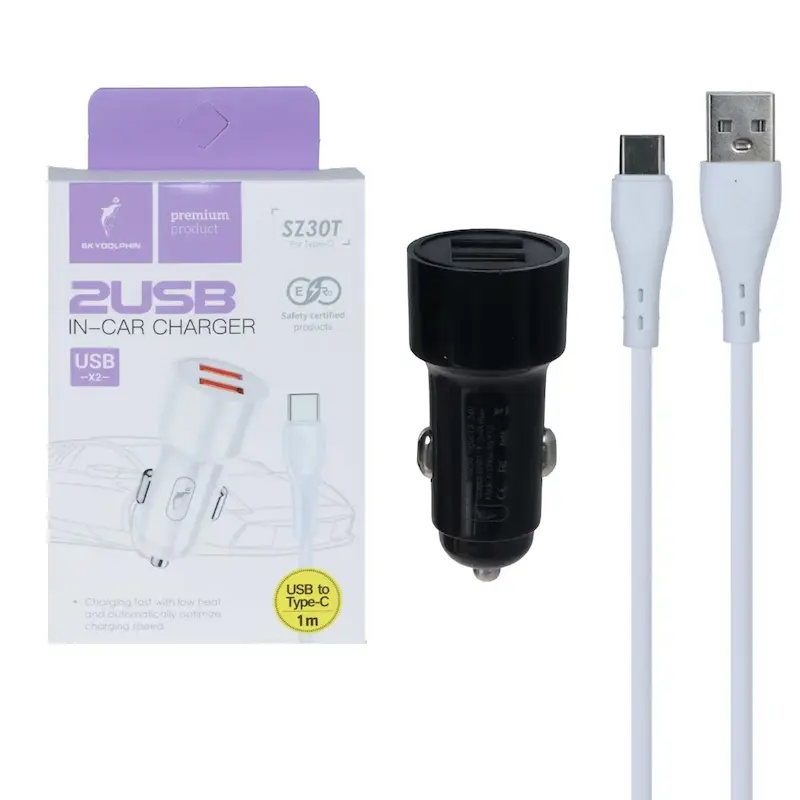 شارژر فندکی فست دو پورت Sky Dophin مدل SZ30V 12W به همراه کابل شارژ اندروید - مشکی - TCO