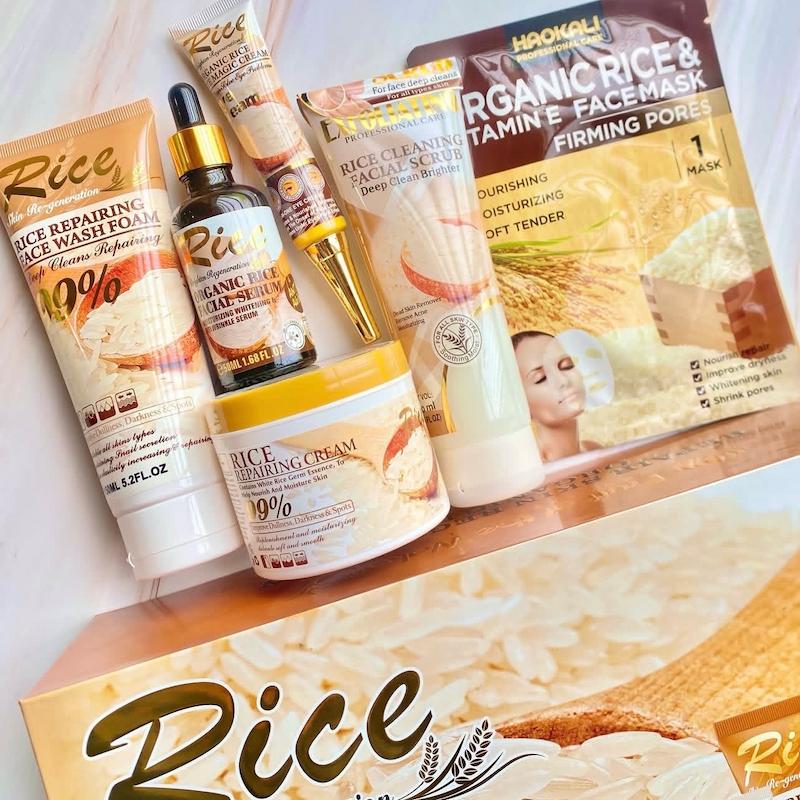 پک هدیه مراقبت پوستی مدل جدید عصاره برنج ۶ عددی | ست روتین پوستی آبرسان و روشن کننده + ماسک هدیه