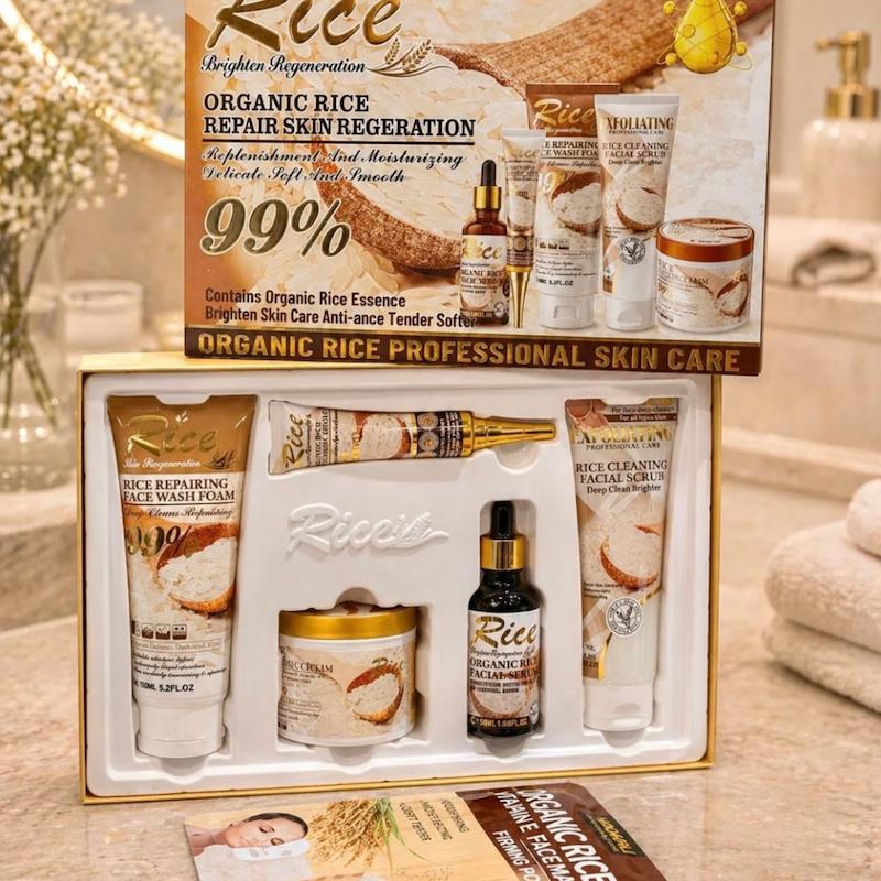 پک هدیه مراقبت پوستی مدل جدید عصاره برنج ۶ عددی | ست روتین پوستی آبرسان و روشن کننده + ماسک هدیه