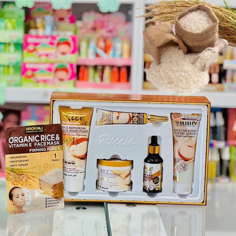 پک هدیه مراقبت پوستی مدل جدید عصاره برنج ۶ عددی | ست روتین پوستی آبرسان و روشن کننده + ماسک هدیه