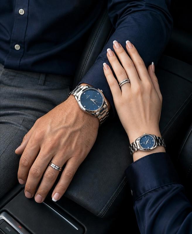 ساعت مچی زنانه مردانه ست آبی کربنی نگینی کلاسیک لوکس OMEGA