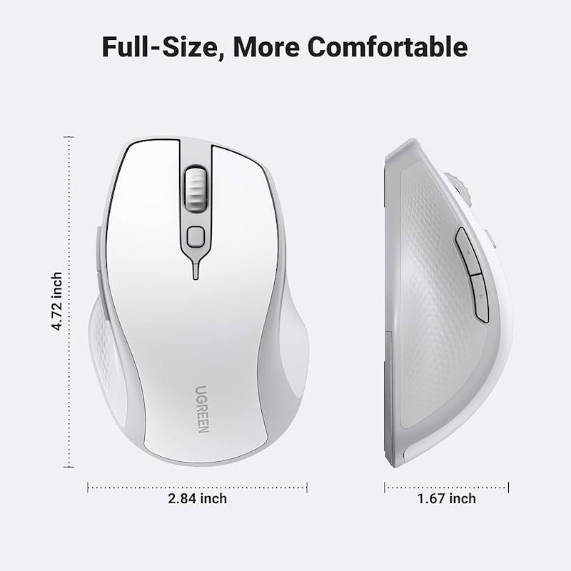 UGREEN Ergonomic Contoured-Shape Design Wireless Mouse 2.4 GHz BT White（AA alkaline battery not included) MU101