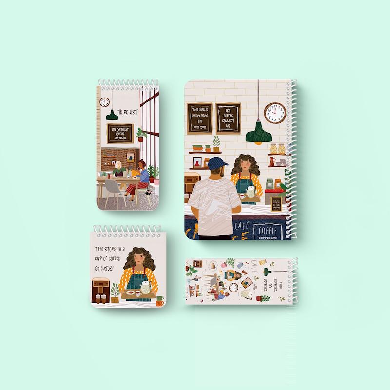 ست دفتر و یادداشت خط دار "Cafe"