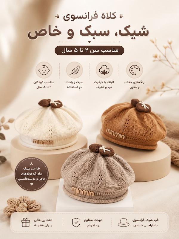 کلاه برت بافت بچگانه آستر دار مدل بالا پاپیون
