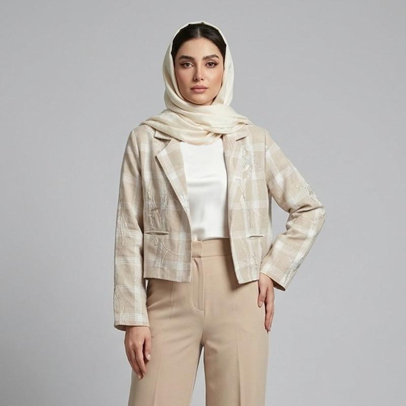 کراپ کت زنانه مدل لینن سوزندوزی چهارخونه کد AK1548