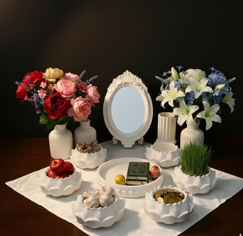 هفت سین لوتوس سفید صدفی سنگ مصنوعی براق | دست ساز تولیدی کرج لند