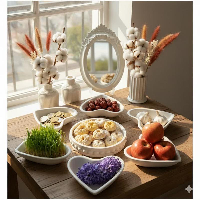 هفت سین قلبی سفید صدفی دست ساز سنگ مصنوعی نوروز 1405 | کرج لند