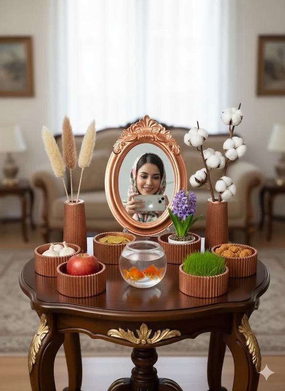 ست هفت سین لوکس مسی براق و شفاف 10 پارچه (۶ پیاله، آینه و شمعدان) نوروز 1405- جنس سنگ مصنوعی 