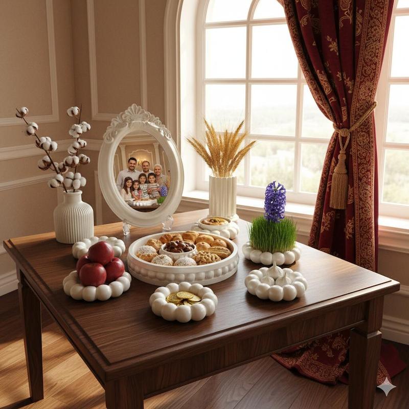 هفت سین طرح مرواریدی نوروز۱۴۰۵،سفید صدفی، کرج لند