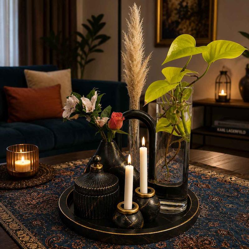 دکوری رومیزی کامل مشکی با رگه های طلایی مدرن و چشمگیر صنایع دستی کرج لند