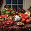 انار دکوری شب یلدا سرامیکی با طرح گلهای سرخ و شعر حافظ | کرج لند