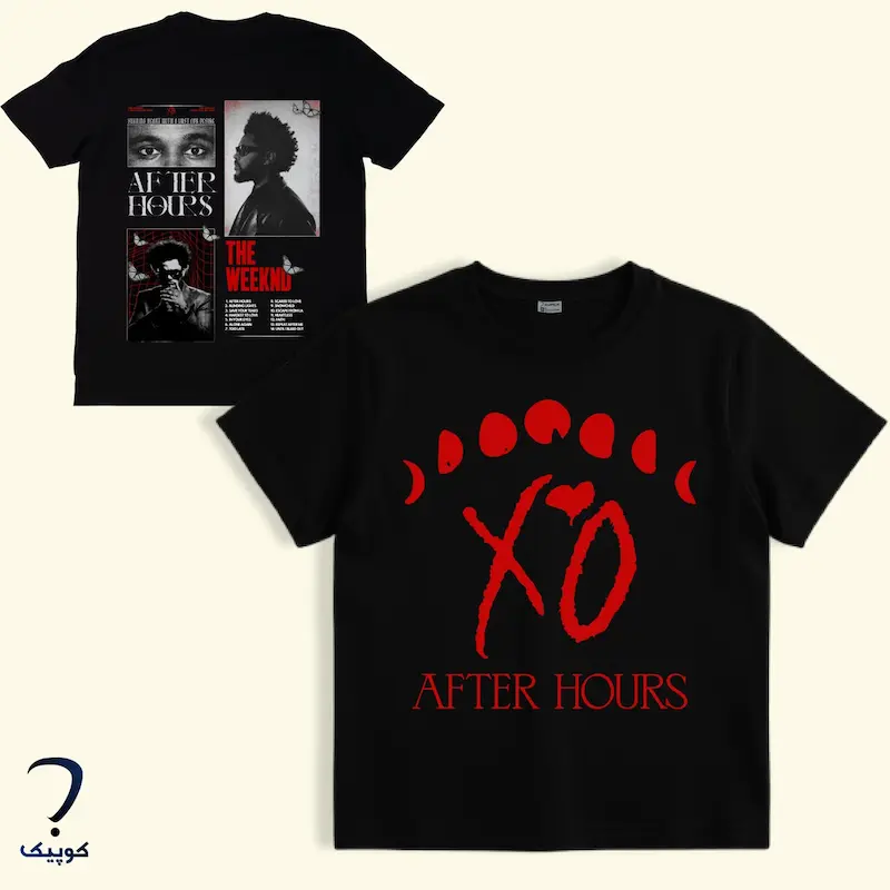 تیشرت مشکی نخی با چاپ گرافیکی الهام گرفته از The Weeknd، با نمای Flat Lay Front و جزئیات یقه و آستین