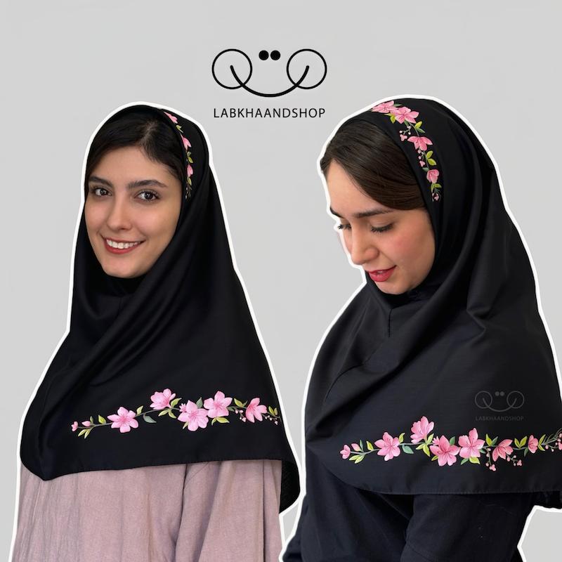 مقنعه گل صورتی نقاشی روی پارچه