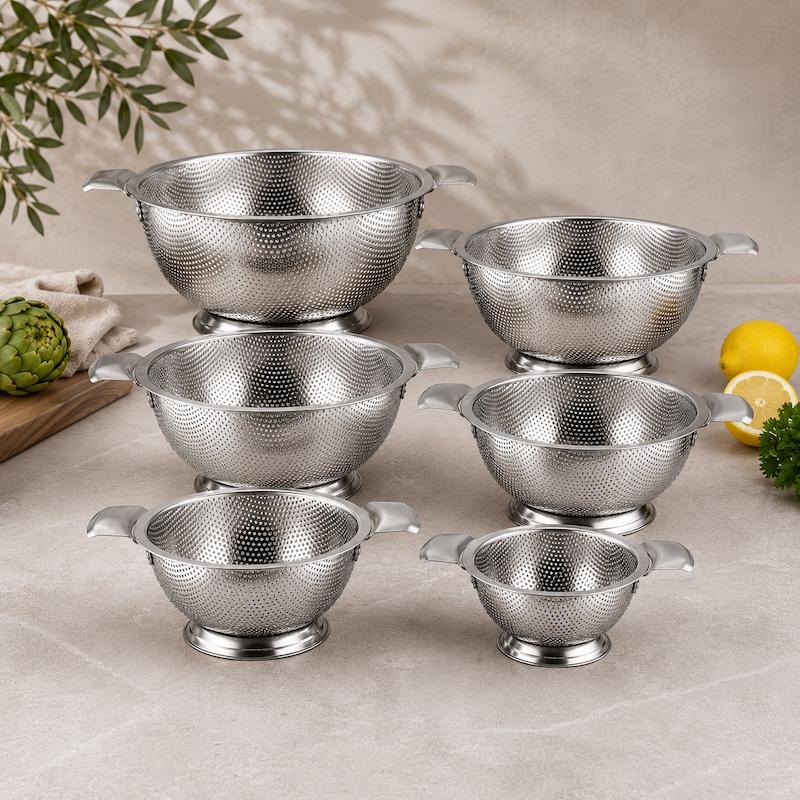 آبکش استیل ۶ پارچه پایه‌دار دسته‌دار مدل استیل ضدزنگ 304