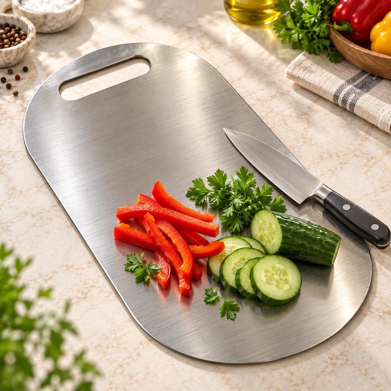 تخته برش استیل بیضی دورو خش‌دار با فلفل و خیار خردشده