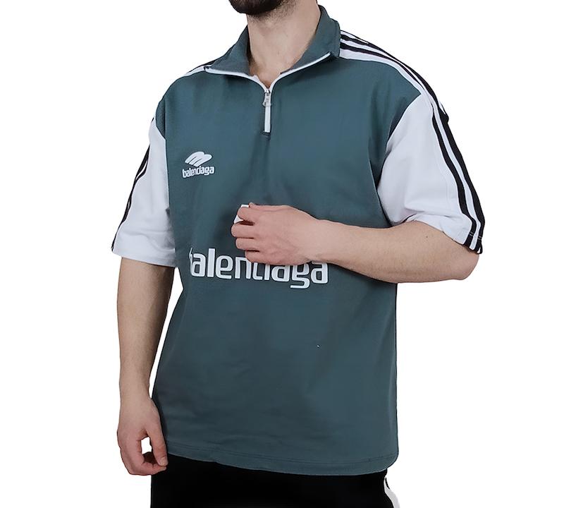 تیشرت آستین کوتاه سبز نواری مدل نیم زیپ